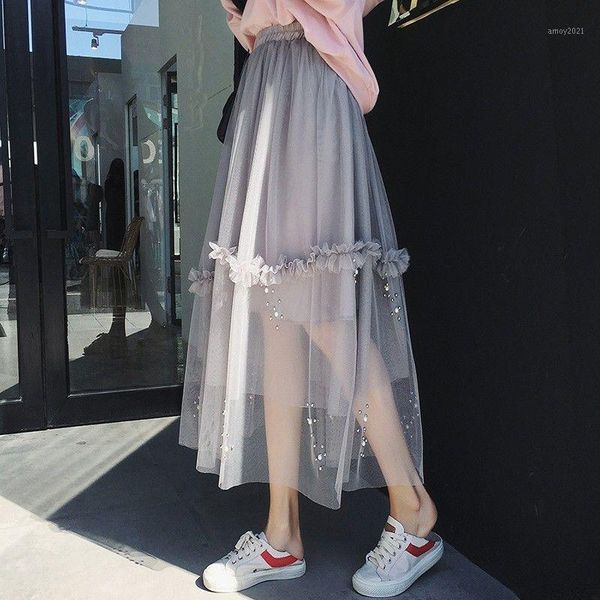 

skirts 2021 spring summer womens beading mesh tulle skirt women elastic high waist a line mid calf midi long pleated skirt1, Black