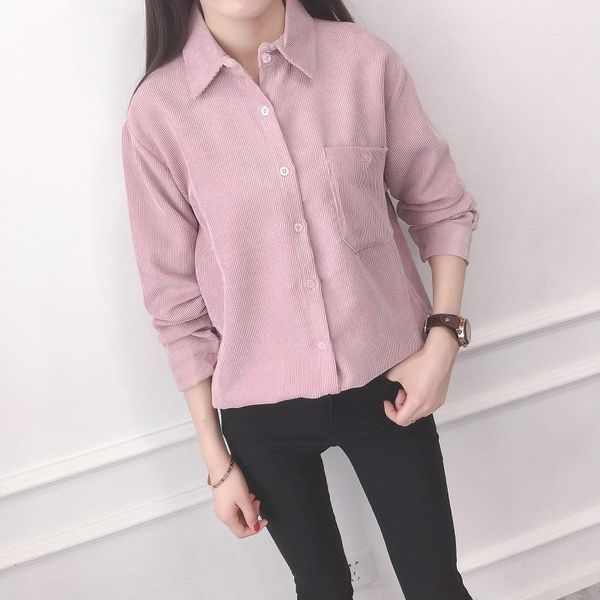 

autumn women fashion loose single breasted corduroy fabric casual blouse female trendy color elegant cotton shirt, White