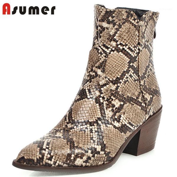 

boots asumer 2021 snake pointed toe ankle women zip high heels fashion shoes autumn winter cowboy european western female1, Black