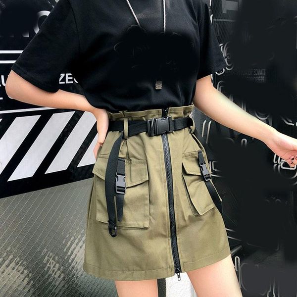 

2020 new fashion women black skirts punk pocket skirt summer high waist a line zipper skirt one-step mini skirts with belt
