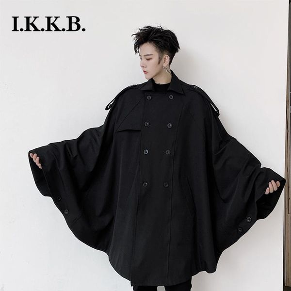 

japanese ins autumn fashion new yamamoto dark solid double breasted men's and women's sleeved windbreaker jacket, Tan;black