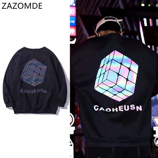 

zazomde reflective printing sweatshirts mens sweatshirt colorful long sleeve sweatshirts men casual loose autumn men's pullover c0127, Black