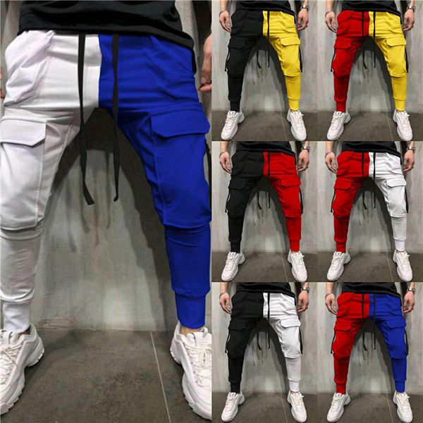 

color patchwork mens casual pants high waist mutil pockets pencil autumn skinny men jogger fitness sweatpants, Black