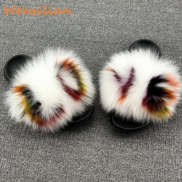 

raccoon women furry fur slides indoor home slippers woman fluffy flip flops ladies real fur home shoes female sandals 20201, Black