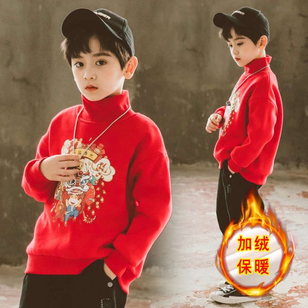 

2020 winter children's casual half high collar plus plush thickened red new year's wear sweater for children, Black