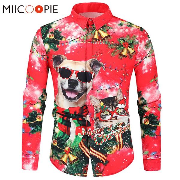 

funny red christmas shirts men casual 3d dog christmas tree printd long sleeve festival party oversized shirt mens chemise homme, White;black