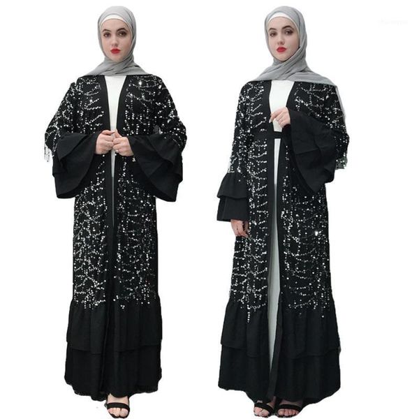 

dubai kimono abaya sequin glitter kaftan jilbab muslim maxi dress islamic open cardigan robe flare ruffle sleeve ramadan fashion1, Red