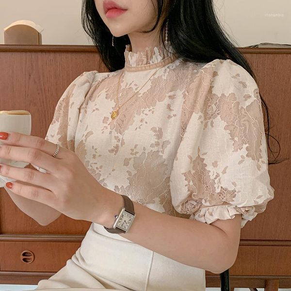 

chic lace blouse women vintage korean puff short sleeve blouses and plus size shirt female chemisier femme1, White