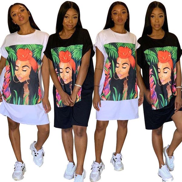 

ts965 new women's cotton head print casual loose t-shirt skirt, Black;gray