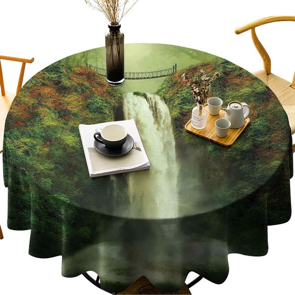 

round tablecloth for kitchen dining tablemajestic waterfall flowing by the rocks and old bridge in forest artwork