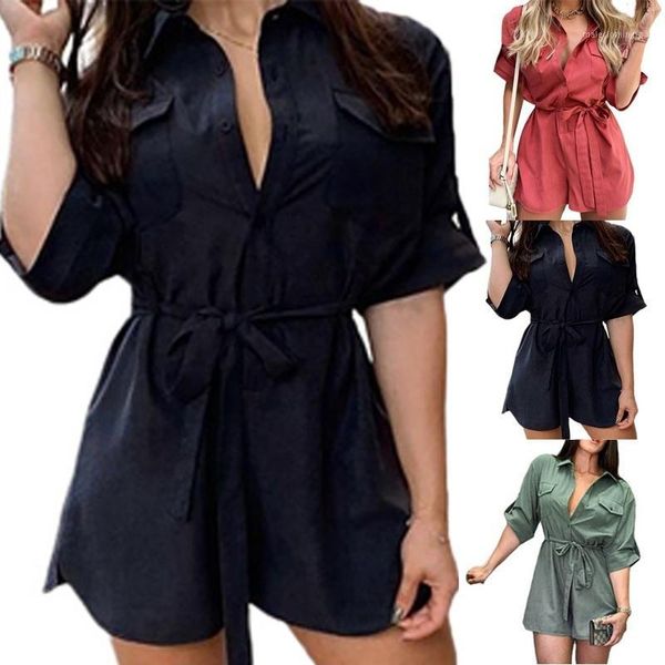 

lace romper women streetwear playsuit short sleeve chest pockets lapel neck loose overalls clothes1, Black;white