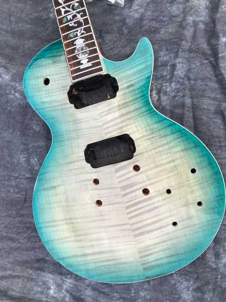 

blue unfinished lp electric guitar a flame maple material mahogany fingerboard rosewood inlays flowers can custom