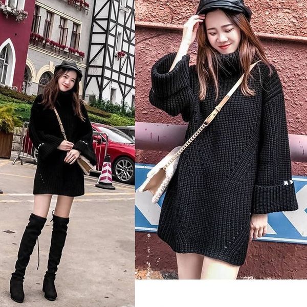 

new women winter 2021 turtlenecks high fashion shirts oversized female jumper loose long knitted h57w, Black;brown