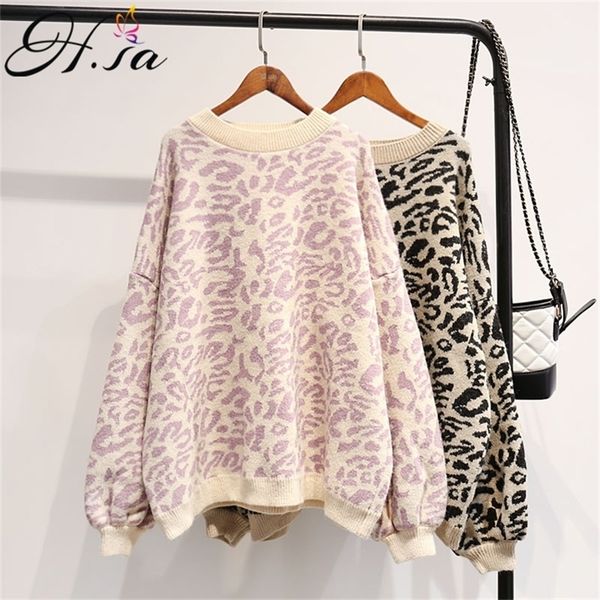 

hsa autumn winter women pullover and sweaters round neck oversize sweater jumpers casual leopard korean pull femme y200910, White;black