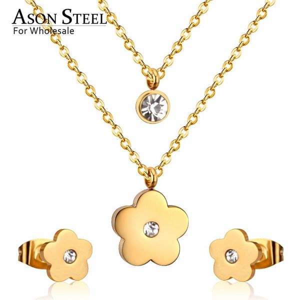 

asonsteel 316l stainless steel flower gold bridal wedding jewelry set for women 2021 necklace pendant small stud earring, Silver