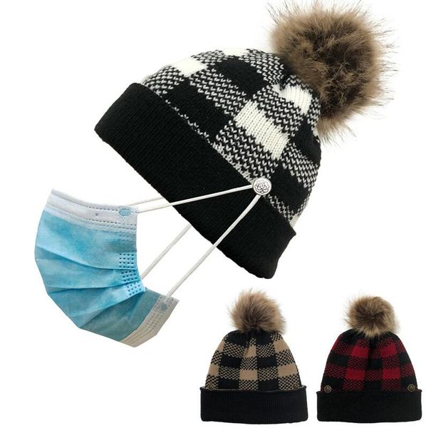 

женские шляпы плед зимние вязаные шапочки шапки съемный pom pom checkered шапка с крышками на кнопку faceemask с кнопкой вязание крючков d11, Yellow