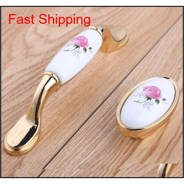 

96mm modern fashion rural pink rose ceramic wine cabinet dresser door handles 16mm silver gold drawer shoe qylimm packing2010