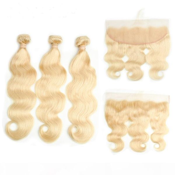 

remy hair blonde color hair wefts 3 bundle with 13*4 ear to ear lace frontal closure brazilian virgin human hair blonde 613, Black;brown