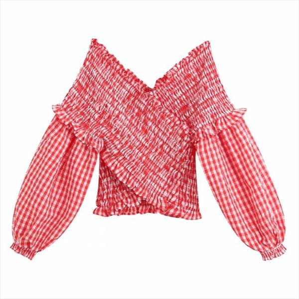 

2020 englan style women red plaid elastic short smock blouse shirts women lantern sleeve agaric lace slim femininas ls6436, White