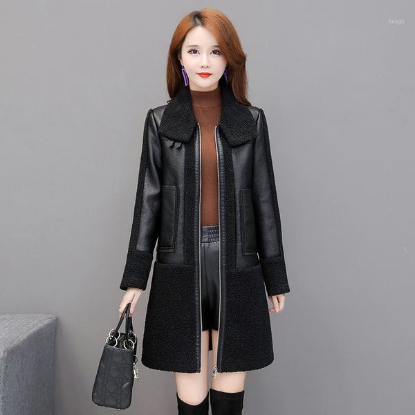 

2020 new korean version of women's leather coat thick fur coat women lapel leather trench plus size women's1, Black