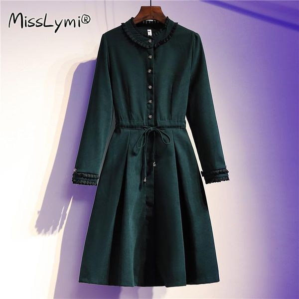 

casual dresses l-4xl plus size women green vintage fairy dress autumn 2021 pleated ruffle patchwork puff long sleeve ladies shirt midi, Black;gray