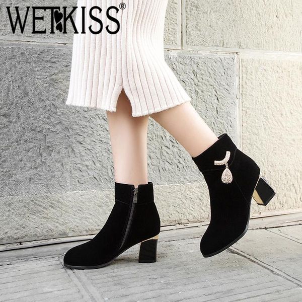 

boots wetkiss metal decor women ankle round toe thick high heel shoes fashion non slip female bootie casual short boot, Black
