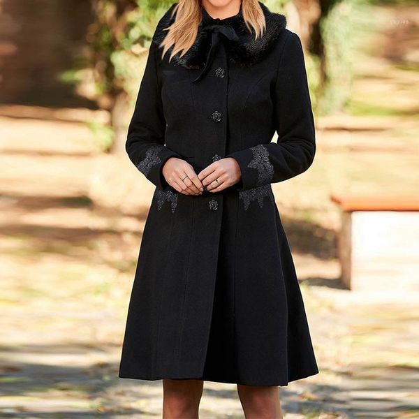 

winter mid-length single breasted woolen women coat lace long sleve female oversize warm furry collar clothing women 20201, Black