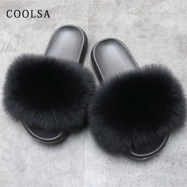 

summer women fur sandals real fox fur slippers female furry solid indoor flip flops casual beach sandals soft fluffy fur slides y200423, Black