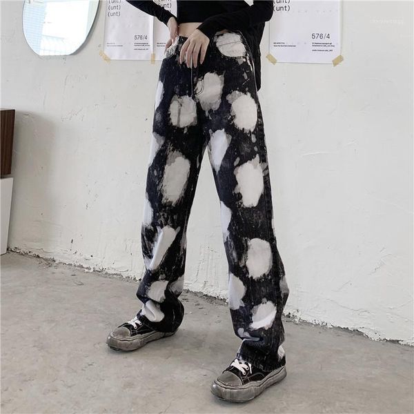 

2021 new autumn and winter jeans children harajuku style street retro old tie-dye loose high waist straight wide leg pants trend1, Blue