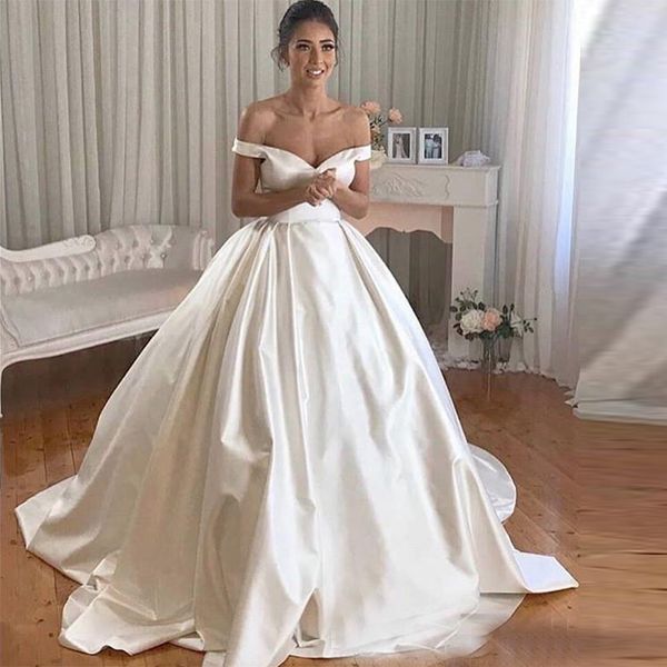 

elegant off shoulder ball gown wedding dresses sweep train simple design pleats v neck satin formal bridal gowns vestido de novia, White