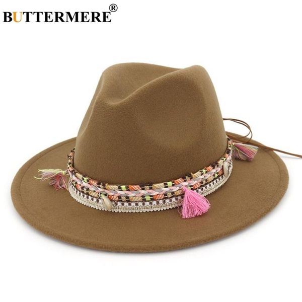 

buttermere womens fedora hat wool khaki jazz hats female national casual large brim vintage autumn classic felt hat and cap y200102, Blue;gray