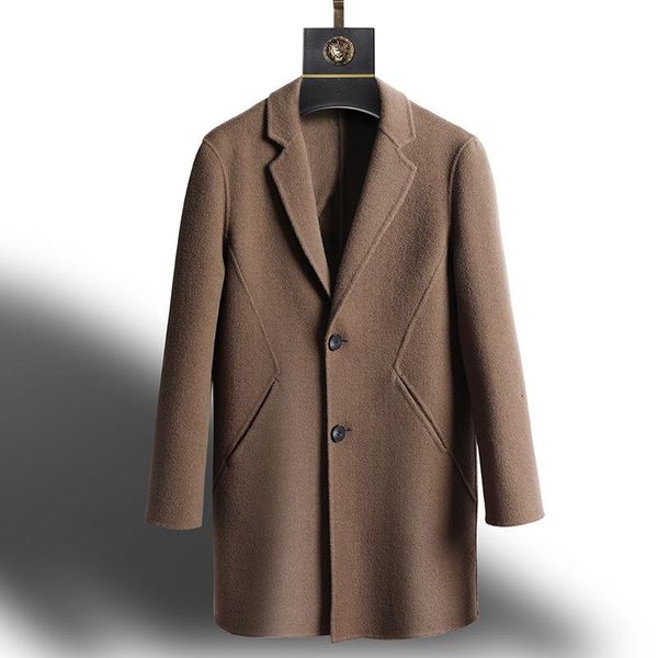 

men's wool & blends the 2021 young and middle-aged leisure coat in autumn winter wet long double trench, Black