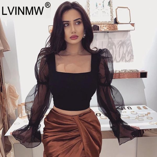 

lvinmw mesh puff sleeve square collar skinny crop fashion ruffles patchwork slim t shirt female streetwear club 1, White