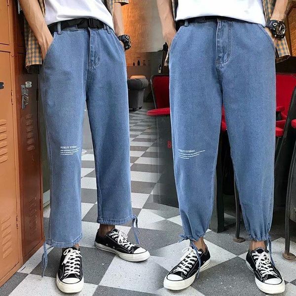 

wholesale 2020 fashion casual straight jeans men's loose trendy wild pants youth light blue drawstring beam casual denim pants1