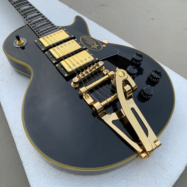 

custom shop 1957 jimmy page signature black beauty electric guitar yellow body binding, bigs tremolo bridge, gold hardware, 3 pickups