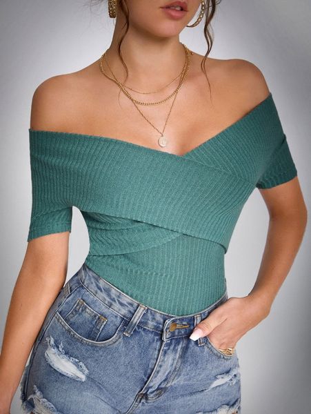 

tall solid off the shoulder ribbed knit tee t0kw#, White