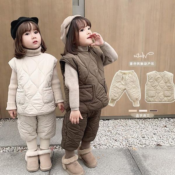 

boys and girls' thickened suit winter 2020 children's foreign style diamond lattice warm vest pants korean version two piece set, White