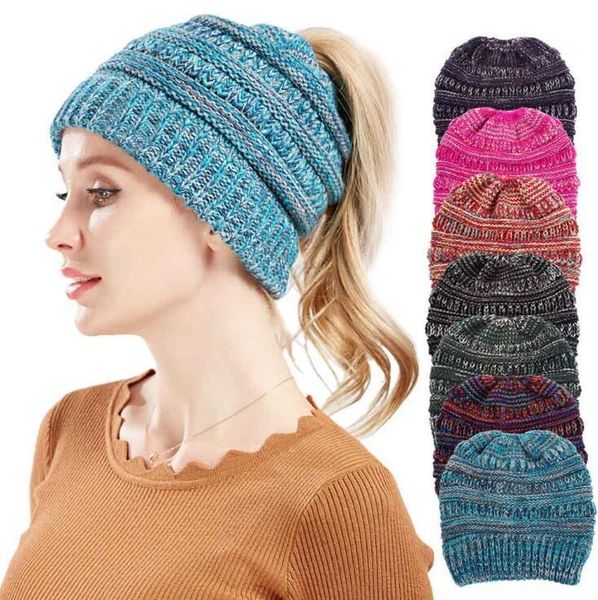 

ponytail beanie 7 colors lady messy bun beanie woman winter cap knitted warm beanies, Yellow