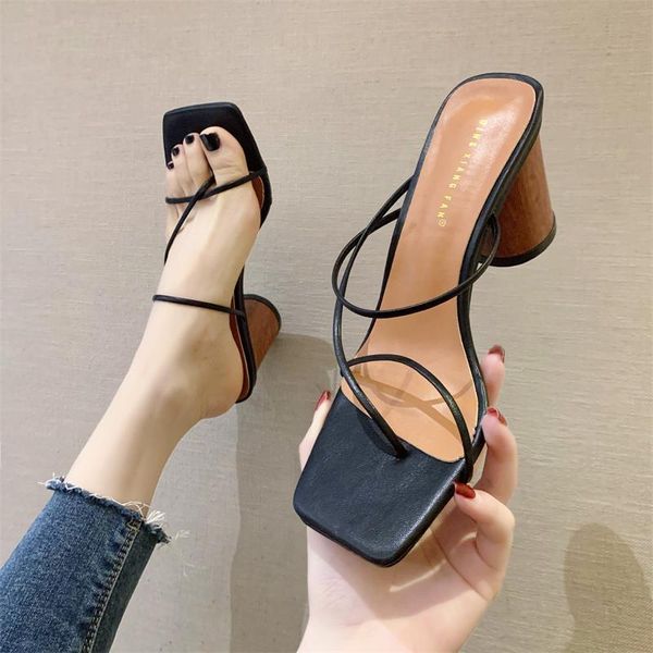 

2020 wood heel slipper women's sandals vintage square toe narrow band high heel sandals women summer shoes women swc0713 t200821, Black