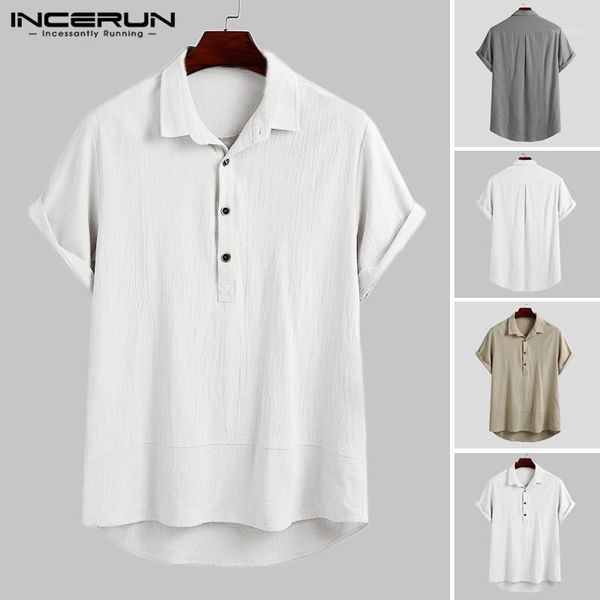 

summer men shirt harajuku 2020 short sleeve cotton vintage lapel solid casual camisas streetwear incerun s-5xl1, White;black