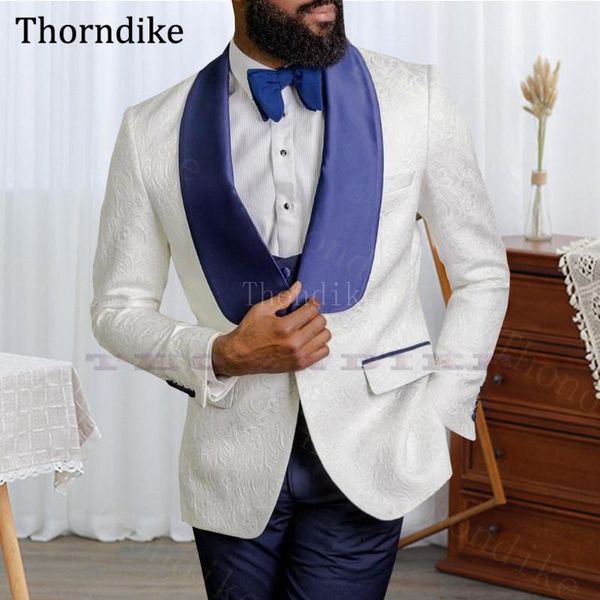 

gwenhwyfar men's jaquard wedding suits, shawl lapel white blazers with blue pants men,groom tuxedos 2021,three pcs custome homme, White;black
