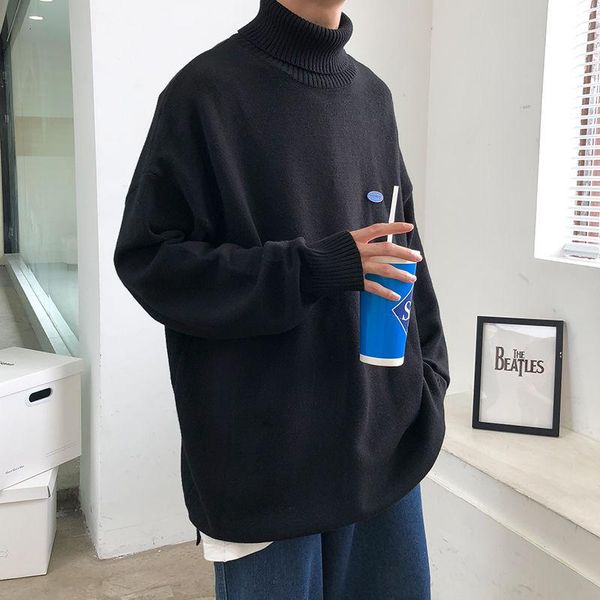 

2020 autumn and winter new youth popular men's loose solid color turtleneck sweater fashion casual all-match simple pullover, White;black