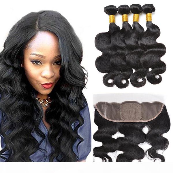 

13x4 frontal lace closures with 4 bundles brazilian peruvian indian malaysian hair bundles body wave human hair with lace frontal, Black;brown