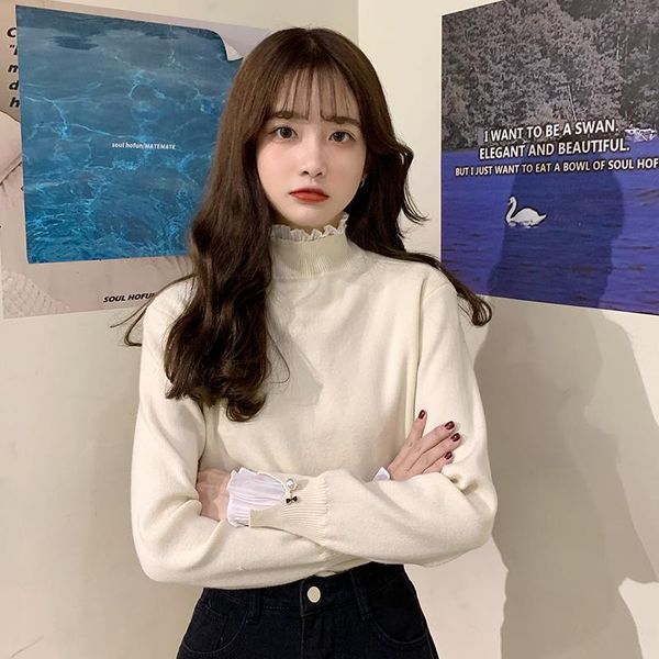 

women's turtlenecks 2020 new autumn and korean winter retro-french knit sewing fake two pieces slimming mesh top, White;black