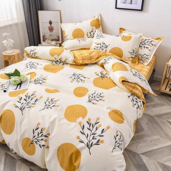 

concise style pure cotton bedding set sanding thicken printing duvet cover grid pattern bed sheet pillowcase yellow soft touch1