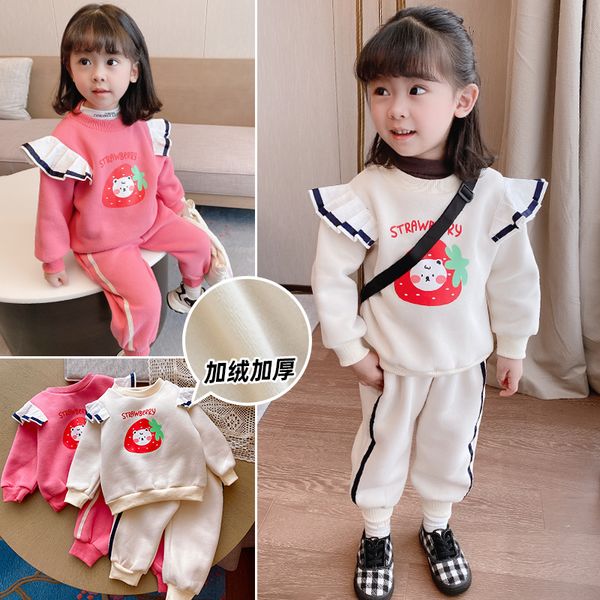 

girls' sports suit 2020 winter new children's cartoon flying long sleeve sweater + pants 2-piece set, White