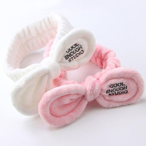 

women cute pink hair ribbon rabbit ear makeup headband soft warm plush comfortable wash face bathe hair holder elastic hairband q sqcjvy