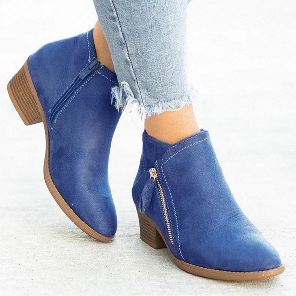 

women autumn round-toe boots women boots faux leather high heel ankle fashion pointed toe zipper winter black blue #fb8a