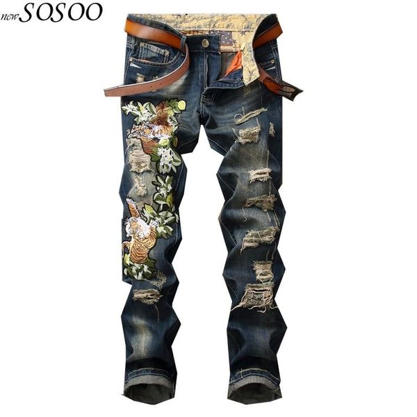 

2020 new brand men european american style tiger of embroidery knees holes men jeans size 29-38 #0795, Blue