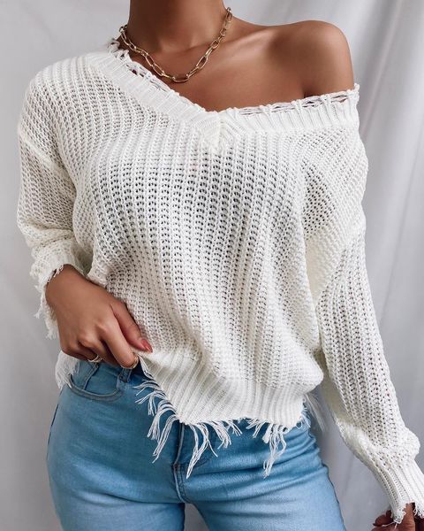 

2020 winter autumn fashion elegant women solid knitted fringe hem hollow-out v-neck sweater femme white loose casual outfits, White;black